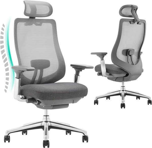 COLAMY XK Atlas Ergonomischer Bürostuhl, Netz-Chefsessel mit verstellbarem Kopfstütze, Computer Schreibtischstuhl Drehstuhl mit 4D-Armlehnen, Aluminium Basis/Schiebesitz/Neigungssperre, Dunkelgrau
