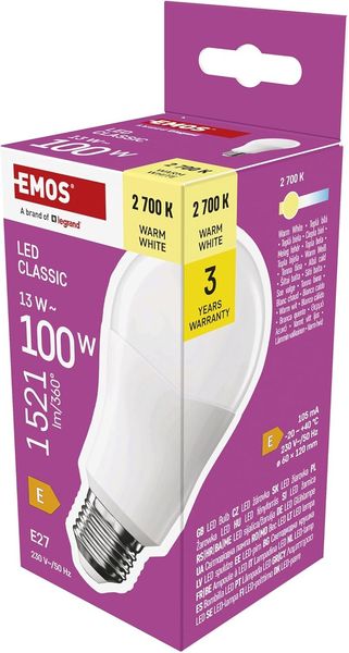 EMOS LED Lampe A60-Birne, 13W Ersatz für 100W Glühbirne, klassische Birne mit E27 Sockel, Helligkeit 1521 lm, Warmweiß 2700 K, 30000 h Lebensdauer, CRI min. 80, 180° Abstrahlwinkel