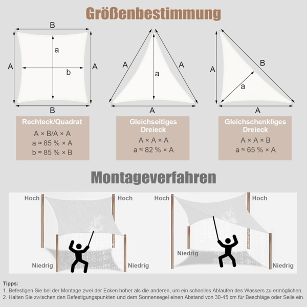 WOLTU Sonnensegel Wasserdicht 5 x 7 x 7 m Dreieckig 95% UV Schutz Segeltuch 200 g/m² Polyester Sonnenschutz Schattenspender für Balkon Terrasse Garten, mit Befestigungsseilen, Creme Bild 7