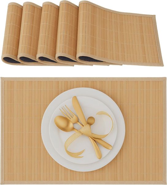 Relaxdays Tischset, 6er Set, Bambus, Stoffrand, rutschhemmend, 45x30 cm, Teller, Esstisch, eckiges Platzset, natur