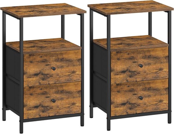 VASAGLE Nachttisch 2er Set, Beistelltisch mit 2 Stoffschubladen, Couchtisch mit Ablagen, 61 cm hoch, für Wohnzimmer, Schlafzimmer, vintagebraun-tintenschwarz-Mattschwarz LGS225K01