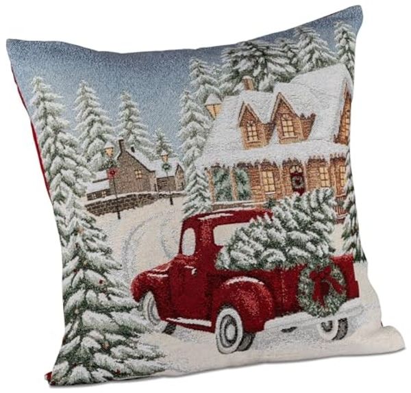 formano Weihnachtskissen 45 cm mit Auto + Baum-Motiv Deko Kissen mit Füllung ohne Reißverschluss - Weihnachten – festliches Sofakissen – Rückseite rot – Winter Dekoration