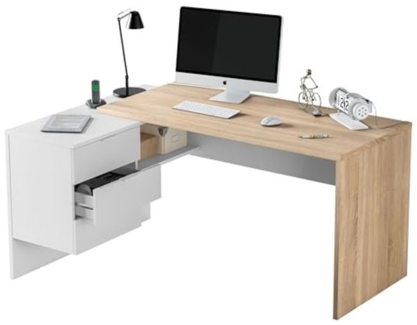 Wendeschreibtisch mit 3-Schubladen-Kommode, Eckschreibtisch, cm 145x108h73, Eiche und Weiß