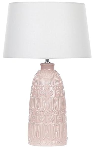 'Zarima' Tischlampe mit Keramikfuß Rosa 56 cm Blumenmotiv Langes Kabel mit Schalter Lampenschirm aus Baumwolle / Jute in Weiß Wohnzimmer Schlafzimmer