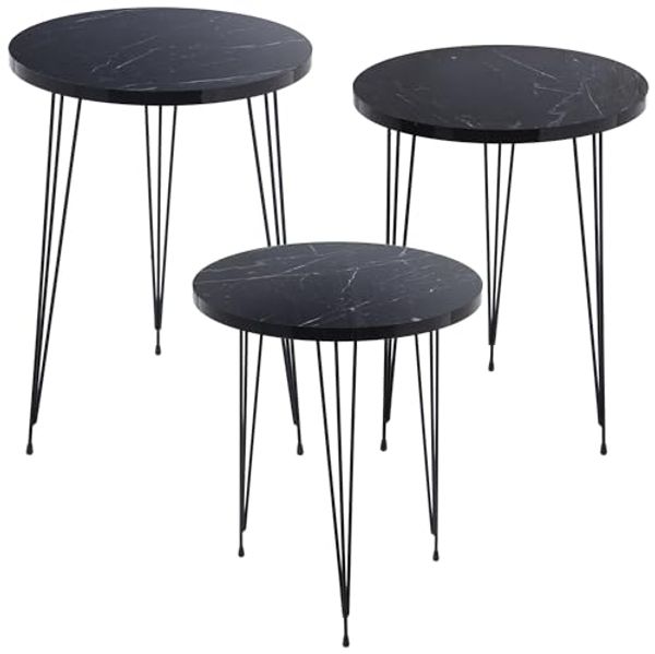 DRW Set mit 3 Beistelltischen aus Holz und Metall in Schwarz mit Marmor-Effekt, 38x53 cm, 38x49 und 38x45 cm, 38x53, 38x49 y 38x45 cm
