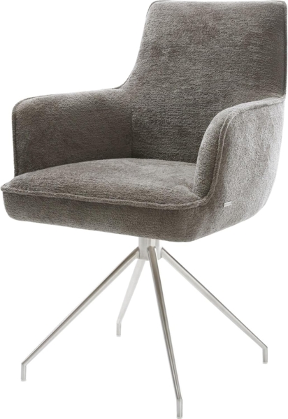 Esszimmerstuhl Heira-Flex mit Armlehnen Bouclé Soft Schlamm Kreuzgestell konisch Edelstahl Taschenfederkern