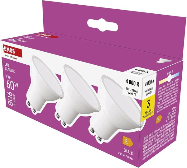 EMOS LED Lampe Spot 3er Pack, MR16 mit GU10 Sockel, 7W Ersatz für 60W Halogenlampe, Helligkeit 806 lm, Neutralweiß 4000 K, 30000 h Lebensdauer, CRI min. 80, 100° Abstrahlwinkel, weiße Farbe