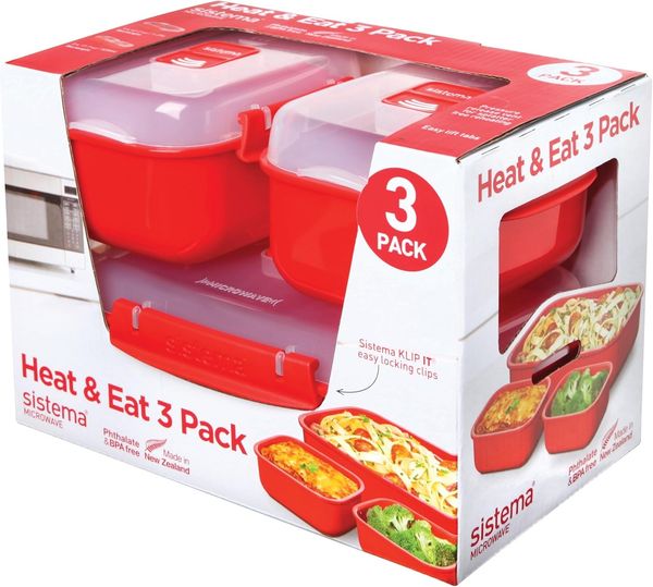 Sistema Microwave-Heat & Eat mikrowellenfeste Lunchbox Set | 3 rechteckige Mikrowellen-Brotdosen mit Deckel (1x1,25 L + 2x525 ml) | verschließbare Clips und Belüftungsventile | BPA-frei