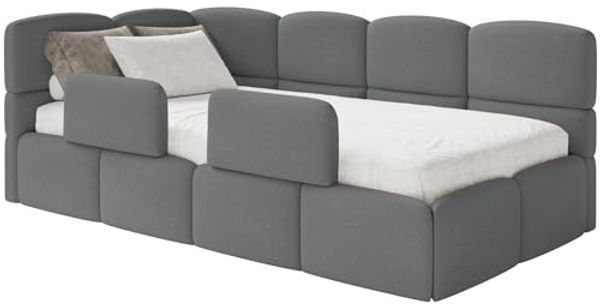 Selsey 'Cloudy' Kinderbett 120 cm, Bettkasten, 2x Rausfallschutz, Chenille, links, Dunkelgrau