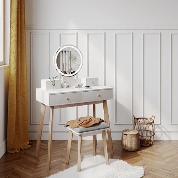 Schminktisch Finya Weiß 80 cm mit LED Spiegel und Hocker Vicco