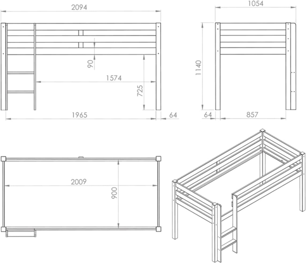 Vipack 'Pino' Halbhochbett 90x200 cm, grau, Kiefer massiv, mit Textilset 'Space Shuttle' Bild 2