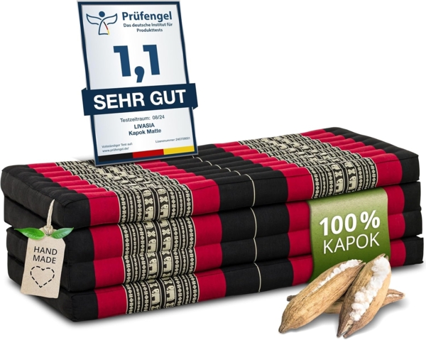 Nachhaltige Klappmatratze aus Kapok, breite Gästematratze vierteilig, Faltbare Matratze, ökologische Yogamatte, klappbares Gästebett, Liege für Garten und Balkon 200 x 110 x 8 cm (Schwarz/Elefanten)