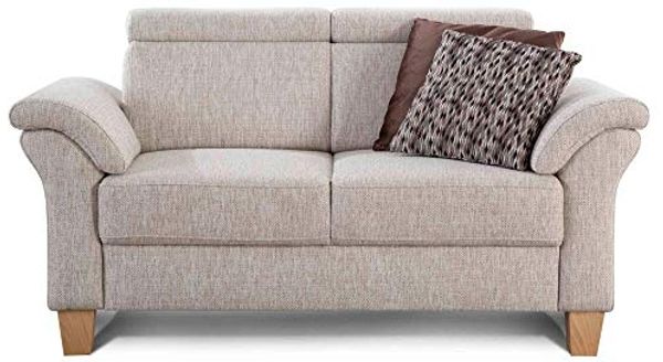 Cavadore 2-Sitzer Sofa Ammerland / Couch mit Federkern im Landhausstil / Inkl. verstellbaren Kopfstützen / 156 x 84 x 93 / Strukturstoff weiß-beige