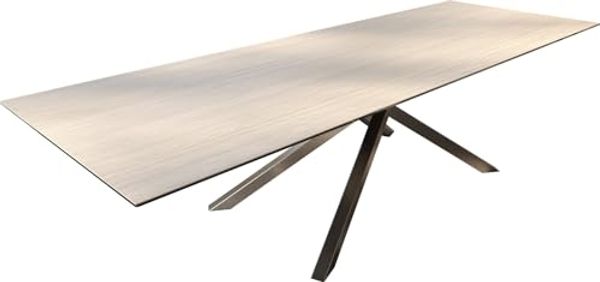 Outdoortisch Edge 300x100 cm Keramik Laminam® Travertino Bianco Creme-Weiß Kreuzgestell Rechteck Edelstahl