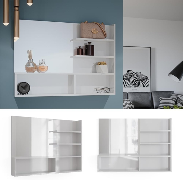 Spiegelregal Weiß Hochglanz 89.8 x 65 cm mit offenen Fächern Vicco Bild 4