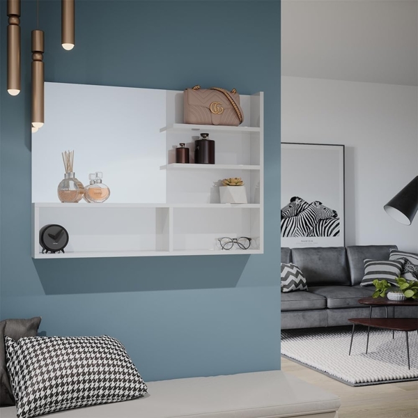 Spiegelregal Weiß Hochglanz 89.8 x 65 cm mit offenen Fächern Vicco Bild 2