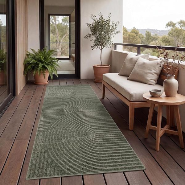 Paco Home Teppich In- & Outdoor, Moderne abstrakte Boho Designs mit 3D Struktur, robust & wetterfest, ideal für Terrasse Wohnzimmer & Küche, Grösse:80x250 cm, Farbe:Grün 3