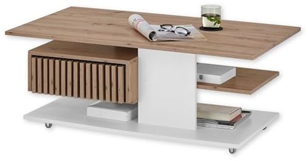 Stella Trading Ally Couchtisch auf Rollen in Artisan Eiche Optik, Weiß - Mobiler Sofatisch mit Schublade für Ihr Wohnzimmer - 110 x 44,5 x 60 cm (B/H/T)