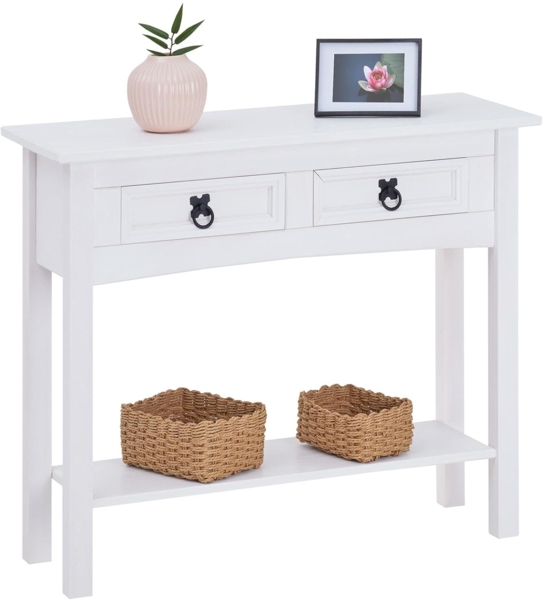 CARO-Möbel Konsolentisch Rural im Mexiko Stil Beistelltisch Kiefer massiv mit 2 Schubladen, 1 Ablageboden weiß lackiert