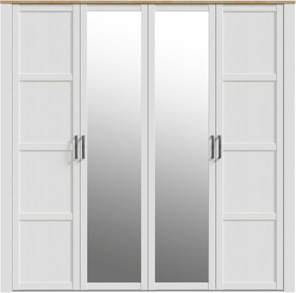 FORTE Bohol Schrank 210 220, Kleiderschrank mit Spiegel, Drehtürenschrank Landhausstil, Schlafzimmer, Holzwerkstoff, Riviera Eiche/Sibiu Lärche Holzdekor, 215,9 cm breit x 214 cm hoch x 59,6 cm tief