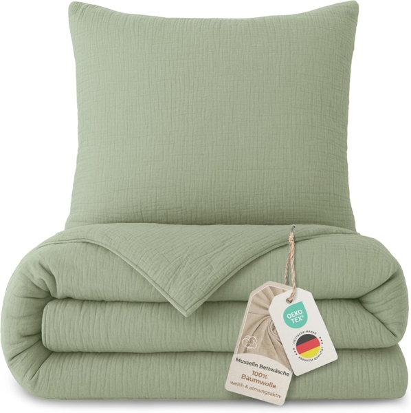 Laynenburg Bettwäsche Musselin aus 100% Baumwolle in 135x200 oder 155x220 cm, atmungsaktiv & bügelfrei – 3 lagig mit Reißverschluss & Haltebändern