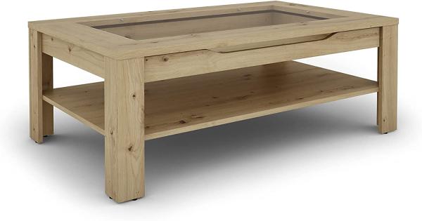 byLIVING Couchtisch RALPH / moderner Sofatisch mit Glaseinlage und großzügiger Schublade in Eiche-Optik / Beistelltisch mit viel Stauraum / B 110, H 43, T 67 cm