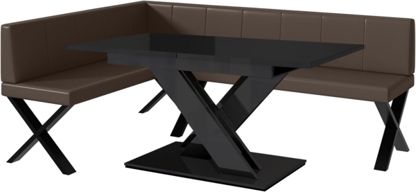 MEBLINI Eckbank für Esszimmer mit ausziehbarem Tisch - Küchenbank - Essecke - Sitzecke Küche - PETER - X-Beine 142x196x87cm Links - Braun Kunstleder/B Schwarz Hochgl.