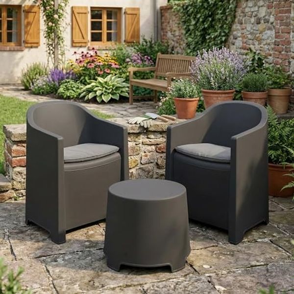 Dmora - Outdoor-Lounge-Set Milazzo, Gartenkomposition mit 2 Sesseln und 1 Couchtisch, Lounge für drinnen und draußen mit Kissen, 100% Made in Italy, Anthrazit