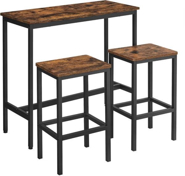 Vasagle Essgruppe, Bartisch-Set, Stehtisch (100 x 40 x 90 cm) mit 2 Barhockern (je 30 x 40 x 65 cm), Metallgestell, Industrie-Design, für Esszimmer, Wohnzimmer, vintagebraun-schwarz