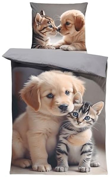 One Home Bettwäsche Puppy Friends, Flanell, 2 teilig, niedliche Hunde Katzen Welpen, kuschelig warme weiche Baumwolle Biber