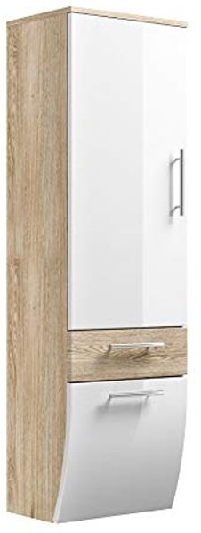 Posseik Badezimmerschrank Schrank 30 x 40 x 134 cm sonoma eiche - weiß Hochglanz