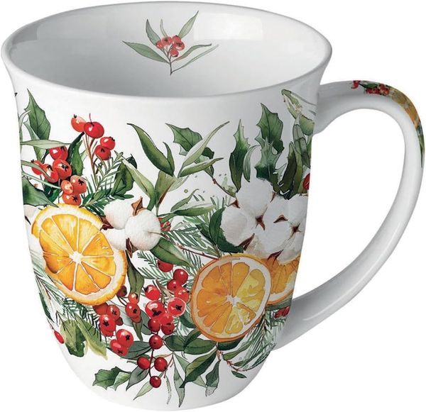 Ambiente Luxury Paper Products Becher Weihnachtsbecher- Silvester - Herbst / Winter Tee - Kaffee Tasse, 1-tlg, Porzellan Blumen - Pflanzen, Essen - Trinken, Weihnachten, Becher 0,4 L Winter, Orangen, Kollektion, Mug, Weihnachten, Geschenkartikel