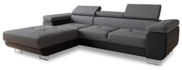 Ecksofa Divo mit Schlaffunktion, Bettkasten und einstellbare Kopfstützen (Schwarz + Dunkelgrau (Soft 011 + Sawana 05), Ecksofa Links)