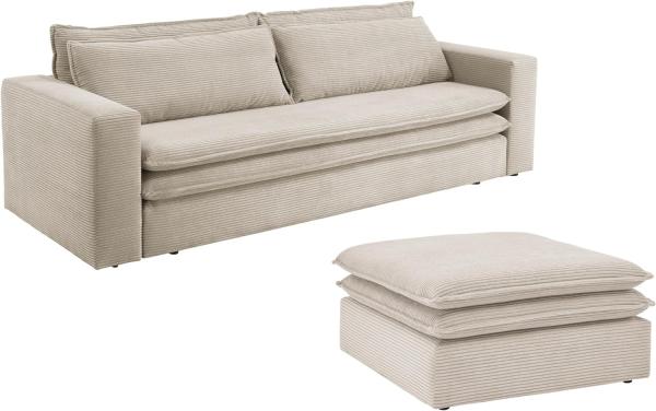 Sofa 3-Sitzer Pesaro in beige Cord Schlafsofa Set inkl. Hocker