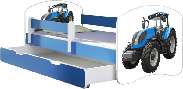 ACMA Kinderbett Jugendbett mit Einer Schublade und Matratze Blau mit Rausfallschutz Lattenrost II 140x70 160x80 180x80 (42 Traktor, 180x80 + Bettkasten) Bild 1