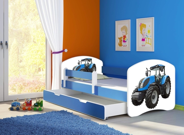 ACMA Kinderbett Jugendbett mit Einer Schublade und Matratze Blau mit Rausfallschutz Lattenrost II 140x70 160x80 180x80 (42 Traktor, 180x80 + Bettkasten) Bild 2