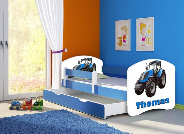 ACMA Kinderbett Jugendbett mit Einer Schublade und Matratze Blau mit Rausfallschutz Lattenrost II 140x70 160x80 180x80 (42 Traktor, 180x80 + Bettkasten) Bild 4