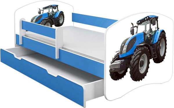 ACMA Kinderbett Jugendbett mit Einer Schublade und Matratze Blau mit Rausfallschutz Lattenrost II 140x70 160x80 180x80 (42 Traktor, 180x80 + Bettkasten)