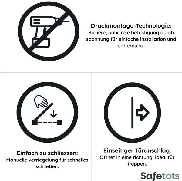 Safetots Extrahoher Metall-Sicherheitsgitter, Druckmontage, 94.3cm - 101.9cm, Mattschwarz, 104cm Höhe, Extrahohe Treppengitter, Gitter für hohe Babys, Einfache Installation Bild 4