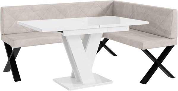 MEBLINI Eckbank für Esszimmer mit ausziehbarem Tisch - Küchenbank - Essecke - Sitzecke Küche - ERIC - X-Beine 128x168x87cm Rechts - Beige Samt/M Weiß Hochgl.