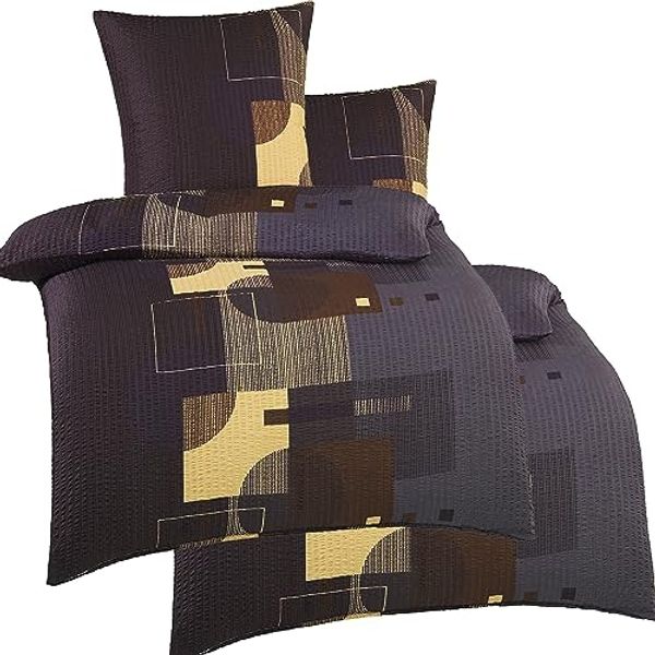KH-Haushaltshandel Bettwäsche Seersucker Bettwäsche 2x(135x200+80x80cm), grau schwarz beige, Seersucker, 4 teilig, dunkeles Dessin, grafisch gemustert, bügelfrei