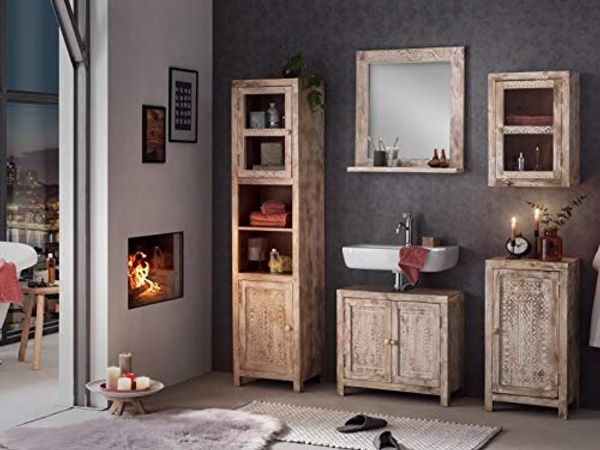Badmöbel-Set massivum Bitna 5teilig Mango Holz natur 43x180x35 cm Badset mit Spiegel und Schränken rustikal Boho Massivholz