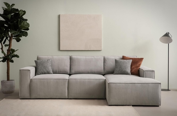 DOMO. collection Ecksofa 800 021, Couch in L-Form mit Cordstoff, Modulsofa mit Taschenfederkern, Sofa, Polsterecke, Eckcouch, 273 x 172 x 85 cm (BxTxH), platin-grau