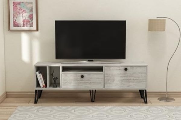 Hanah Home Stylish TV Stand, Grey & White, 150 x 53 x 35 cm | 100% Melamine Coated Particle Board, 18 mm Thick | Modern Design for Living Room & Entertainment Spaces