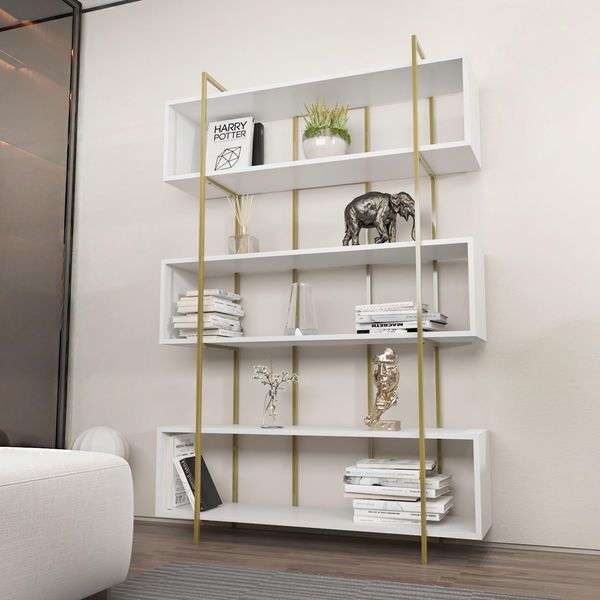 Elegant White & Gold Bookshelf, 120 x 180 x 29.6 cm | 100% Melamine Coated Particle Board, 18 mm Thick | Stylish Storage for Modern Home & Office