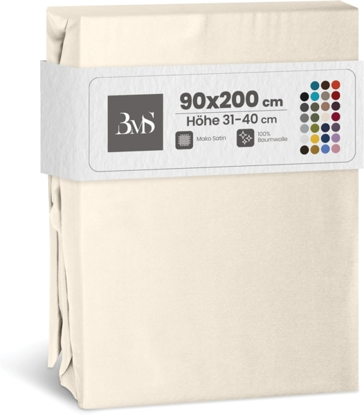 Bettwaesche-mit-Stil Mako-Satin Spannbettlaken natur 90x200cm Höhe 31-40cm
