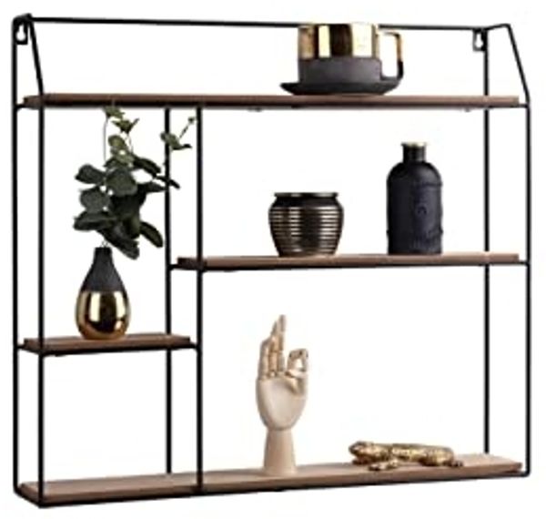 LIFA LIVING Eckiges Wandregal aus Holz und Metall mit 4 Böden, Schwarzes Vintage Schweberegal im Industrie Design, Modernes Hängeregal in 58 x 11 x 52 cm