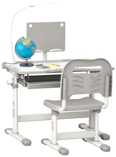 HOMCOM Kinderstuhl und Schreibtisch Set mit LED Lampe, Höhenverstellbar, Studientisch und Stuhl für Kinder, geneigte Tablett, Leseständer, Stiftebox, Schublade und Getränkehalter, Grau