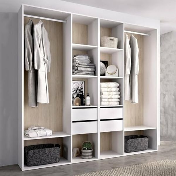 Dmora - Großer Kleiderschrank Brento, Schlafzimmermöbel, Schrank, Garderobe, 196x45 h205 cm, Weiß und Eiche