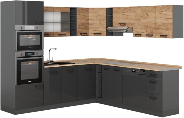 Eckküche R-Line Goldkraft Eiche/Anthrazit 247 x 60 cm zweifarbige Schränke, AP Eiche Vicco